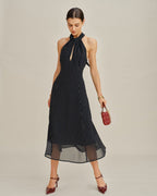 Polka Dot Halter Midi Dress in Black