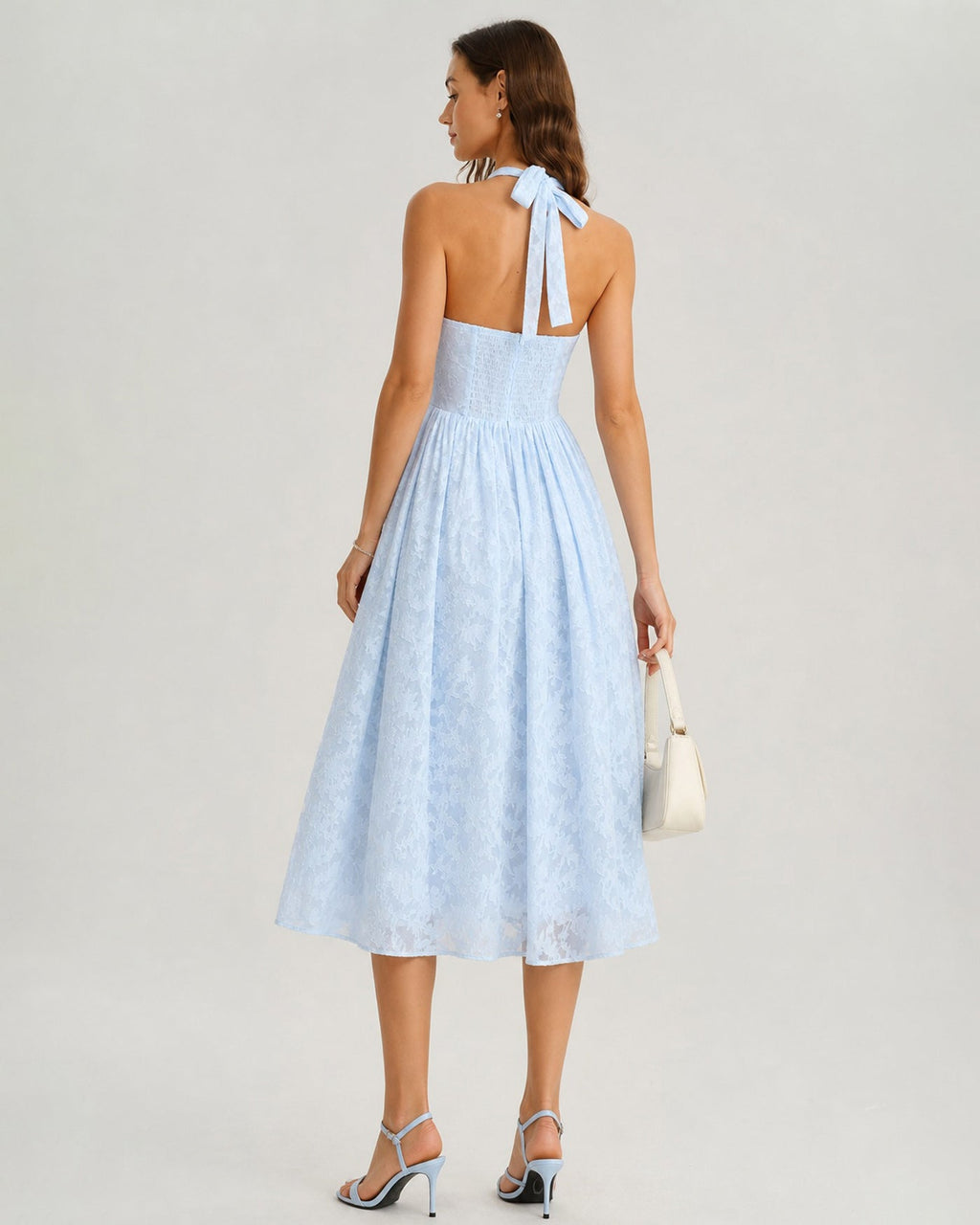 Jacquard Midi Dress with Blue Halter Tie