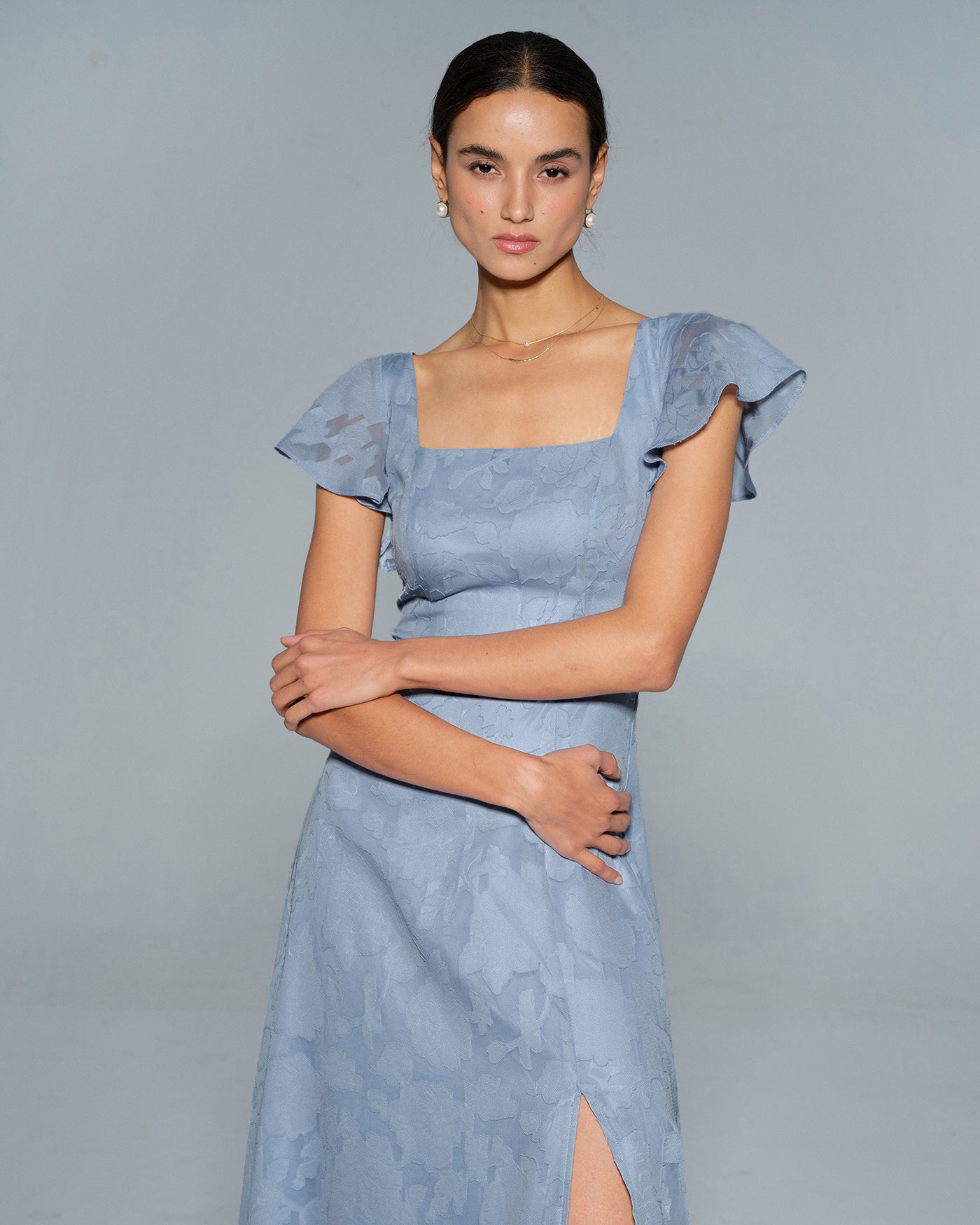 Floral Print Square Neck Midi Dress in Blue