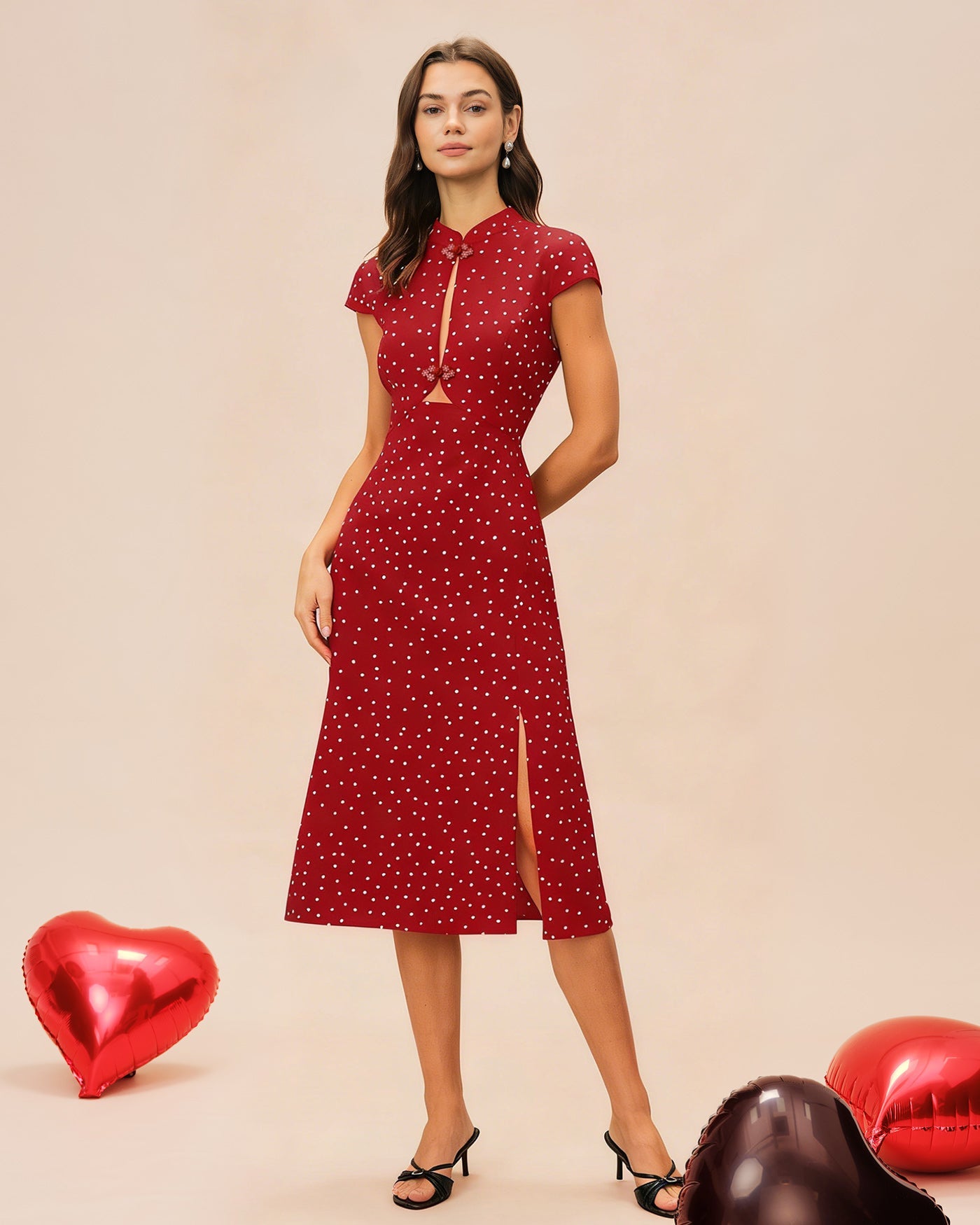 Polka Dot Midi Dress with Red Mandarin Collar