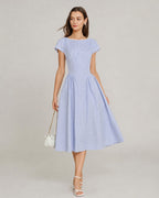 Shirred Midi Dress with Boat Neck in Blue