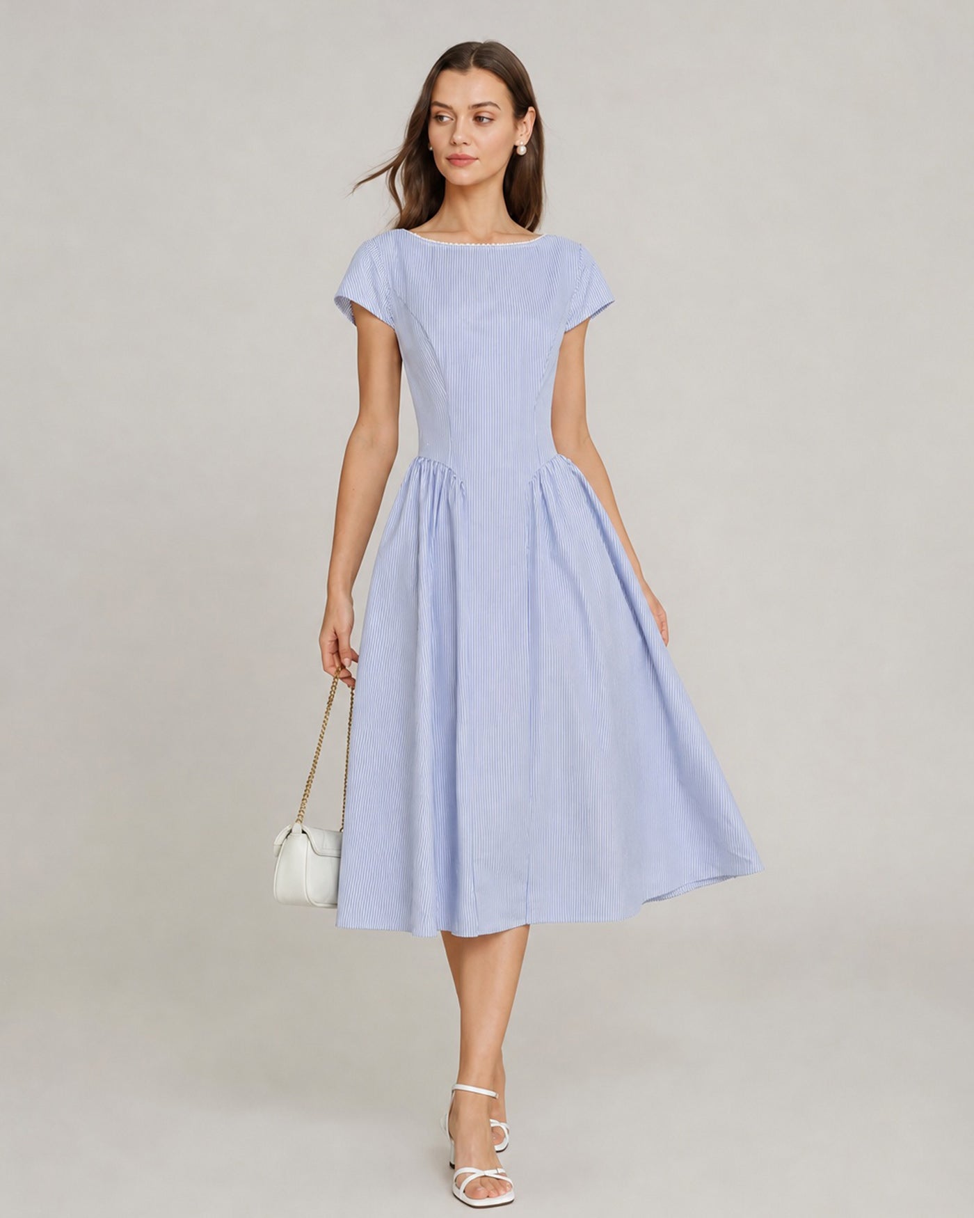 Shirred Midi Dress with Boat Neck in Blue