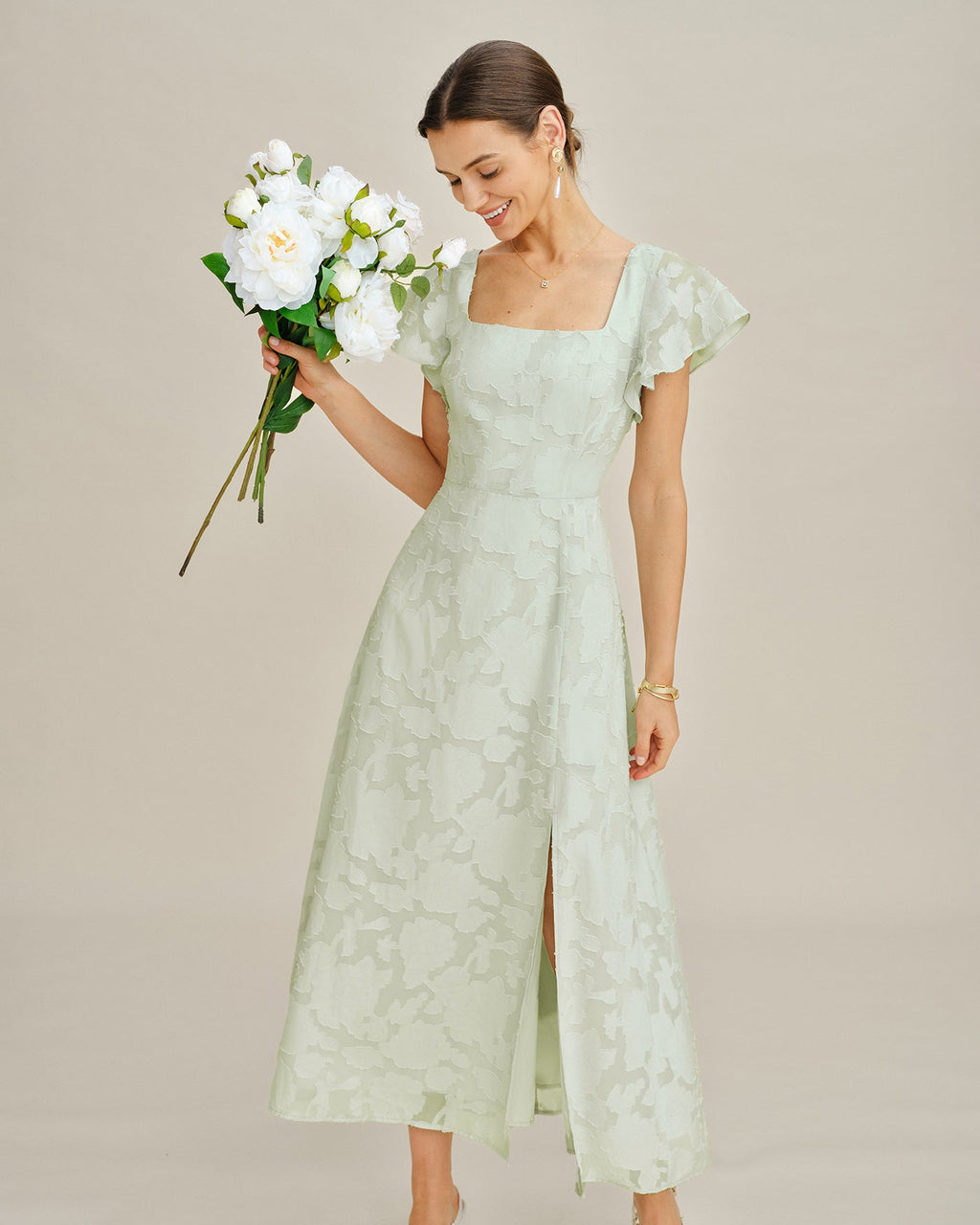 Floral Textured Midi Dress with Green Square Neck