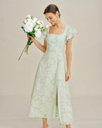Floral Textured Midi Dress with Green Square Neck