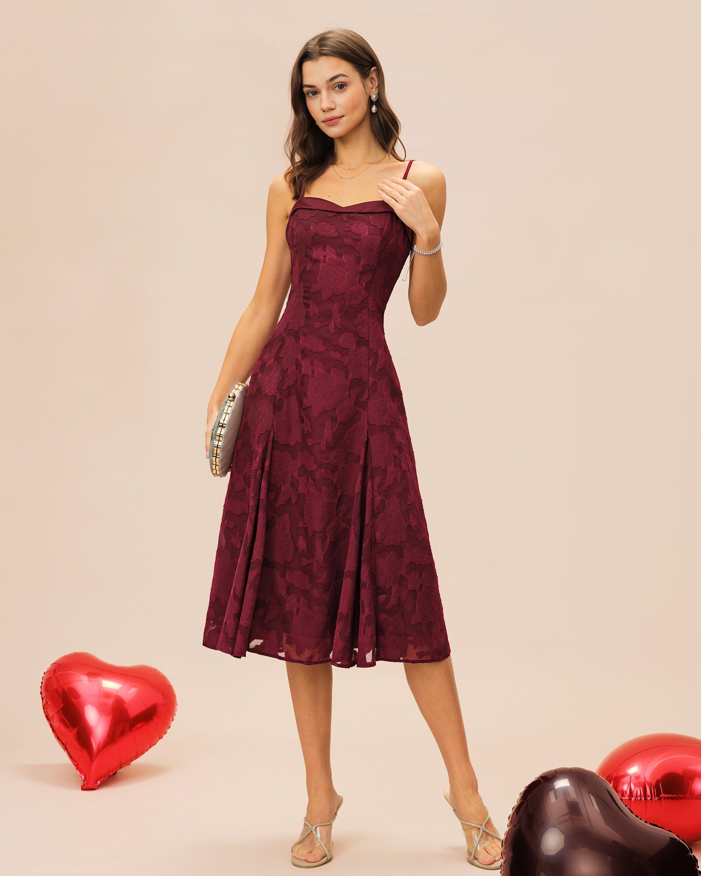 Wine Red Sweetheart Neck Jacquard Midi Slip Dress