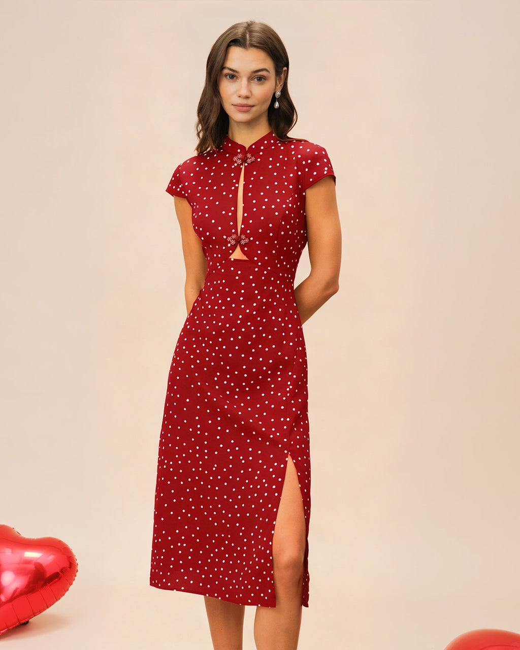 Polka Dot Midi Dress with Red Mandarin Collar