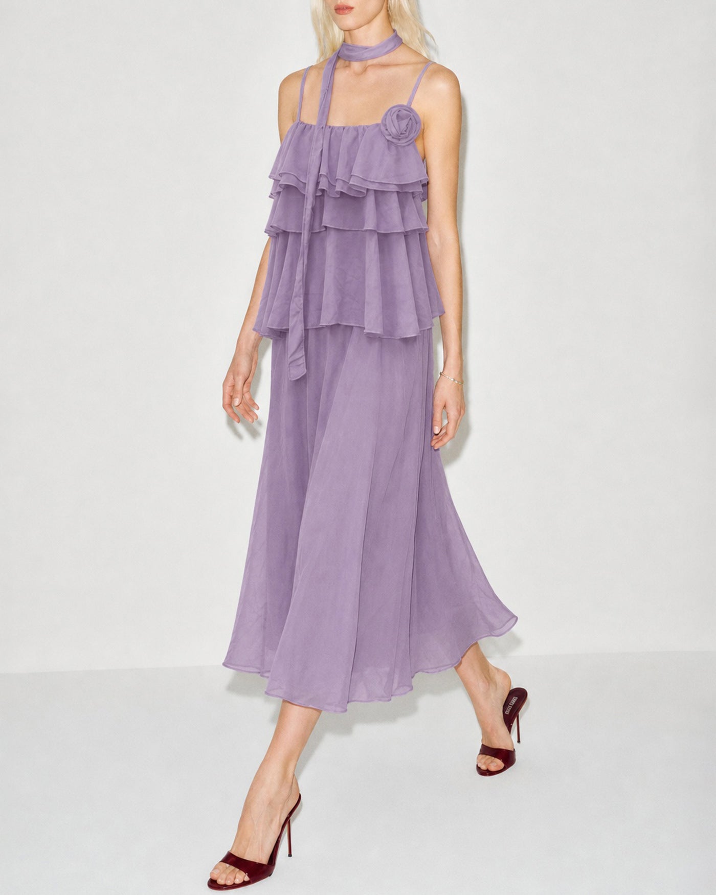 Ruffled Midi Dress with Purple Floral Print