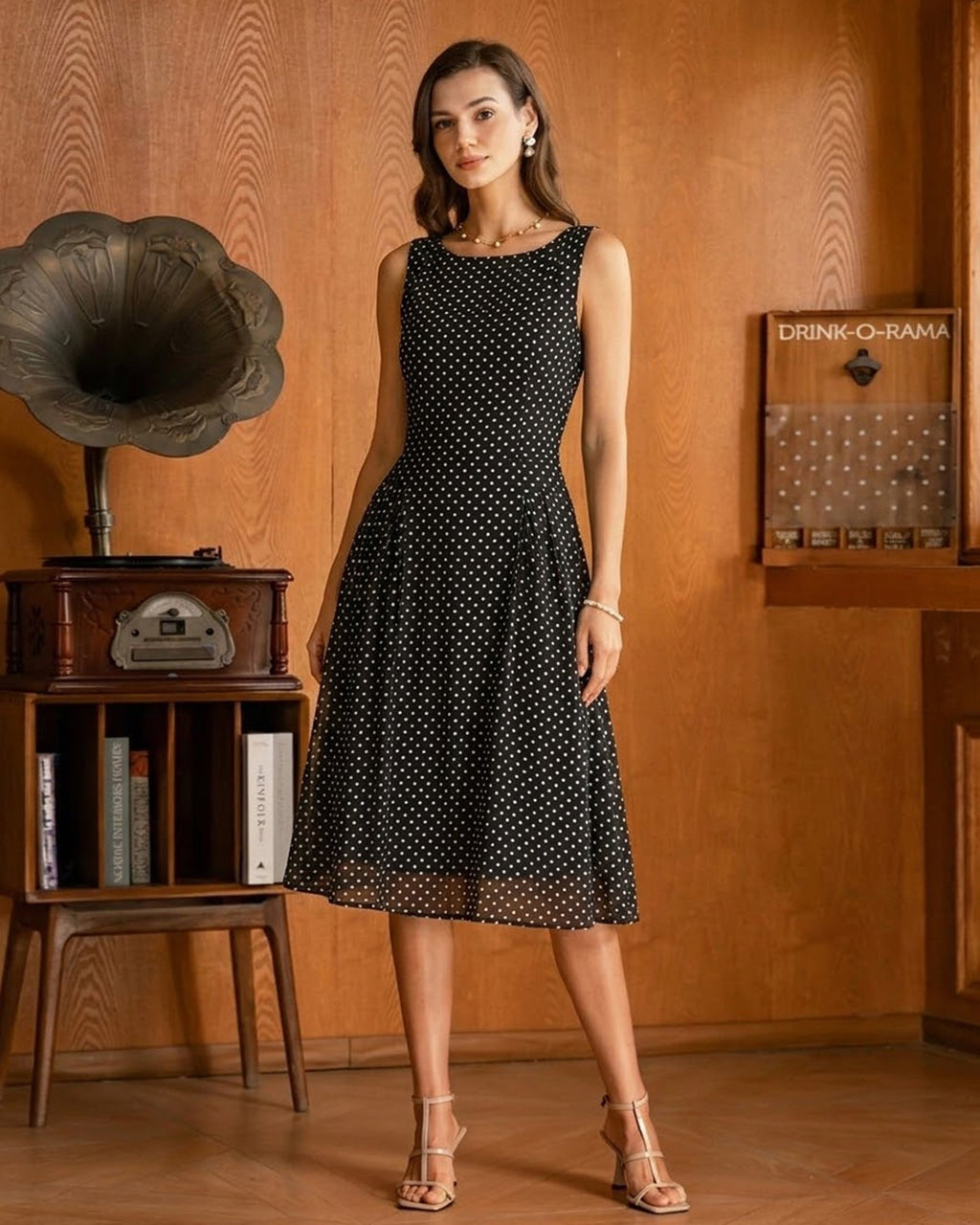 Chiffon Midi Dress with Black Polka Dots