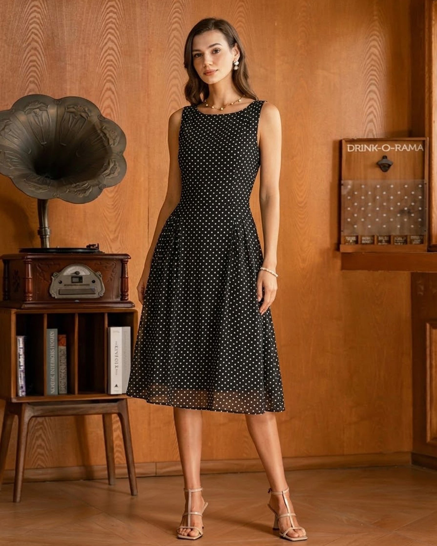 Chiffon Midi Dress with Black Polka Dots