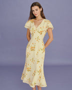 Floral Mermaid Midi Dress in Yellow with V-Neck