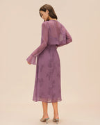 Ruched Midi Dress with Purple Floral Print