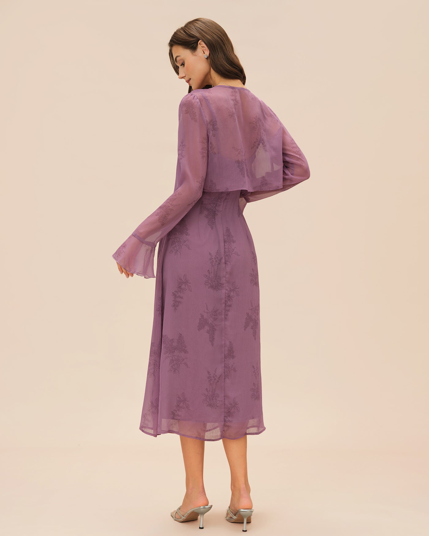 Ruched Midi Dress with Purple Floral Print