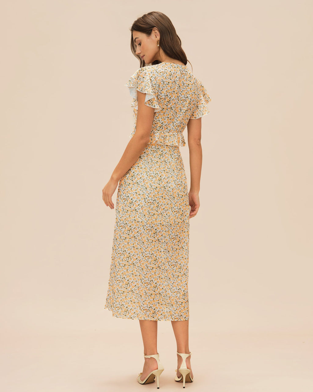 Floral Ruffle Midi Dress in Yellow with V-Neck