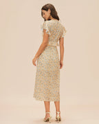 Floral Ruffle Midi Dress in Yellow with V-Neck