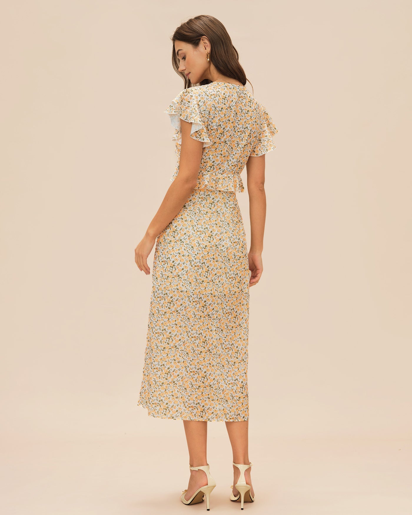 Floral Ruffle Midi Dress in Yellow with V-Neck