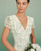 Floral Midi Dress with Green Puffed Sleeves