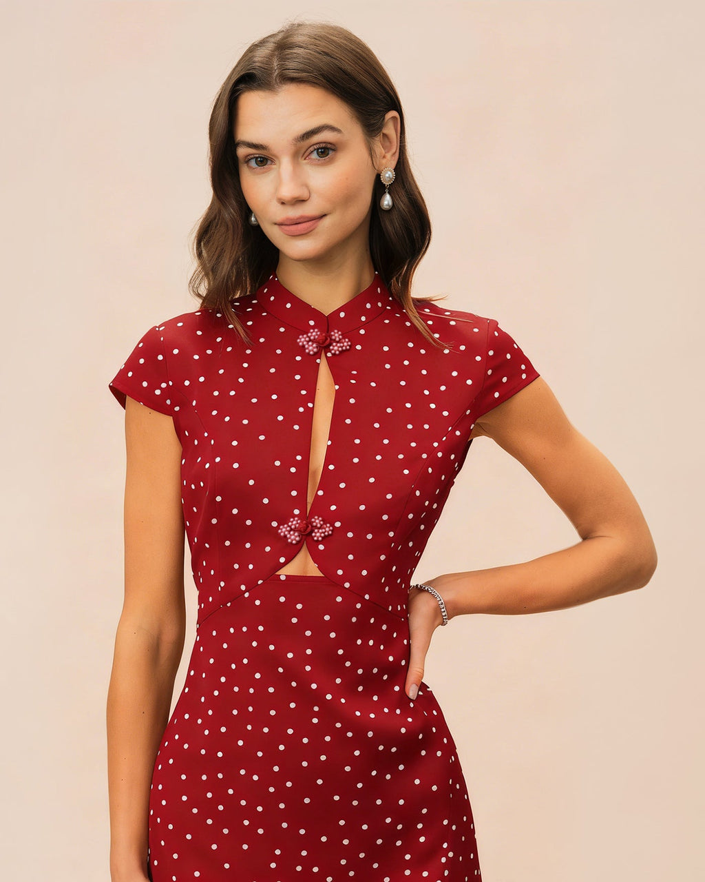Polka Dot Midi Dress with Red Mandarin Collar