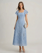 Floral Print Square Neck Midi Dress in Blue
