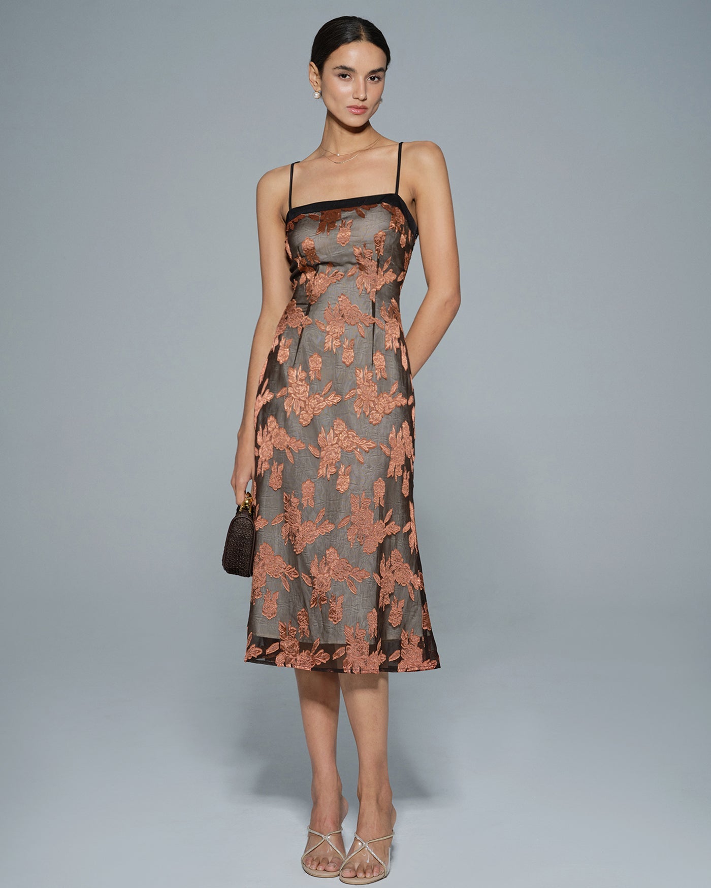 Caramel Floral Print Midi Dress