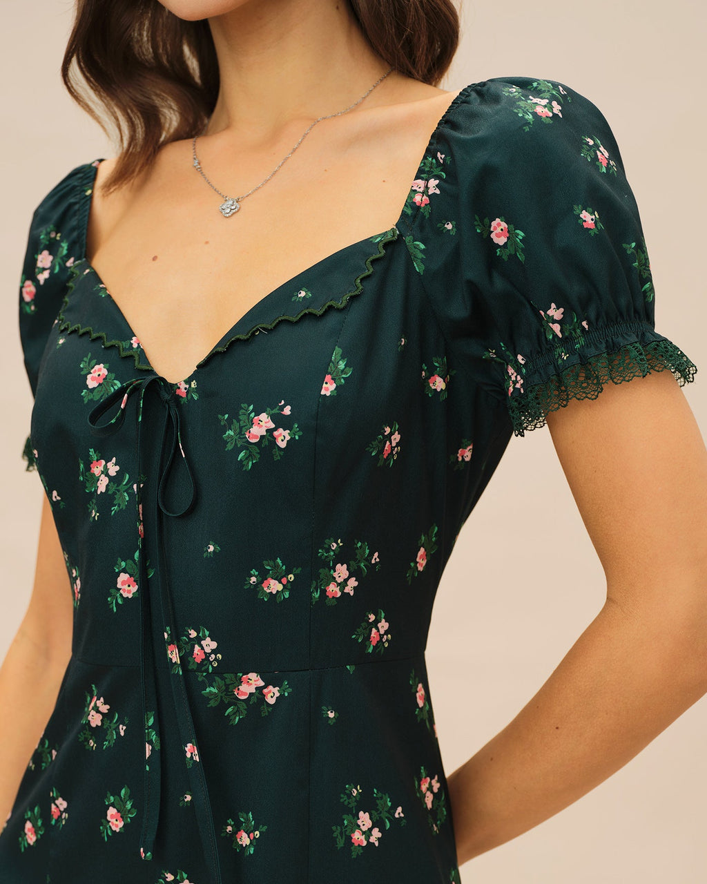 Floral Midi Dress with Green Puffed Sleeves