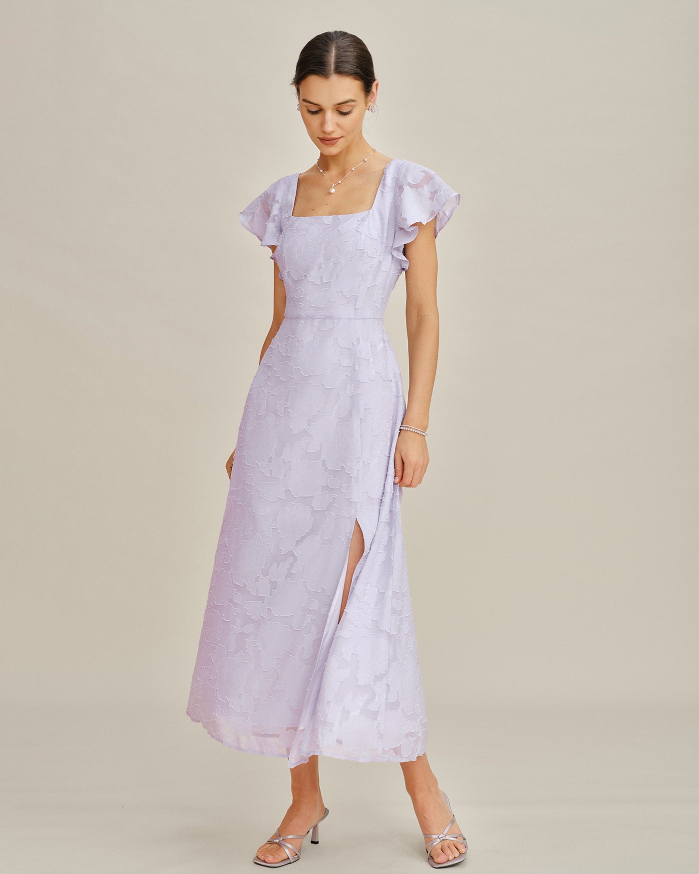 Jacquard Midi Dress with Purple Square Neck