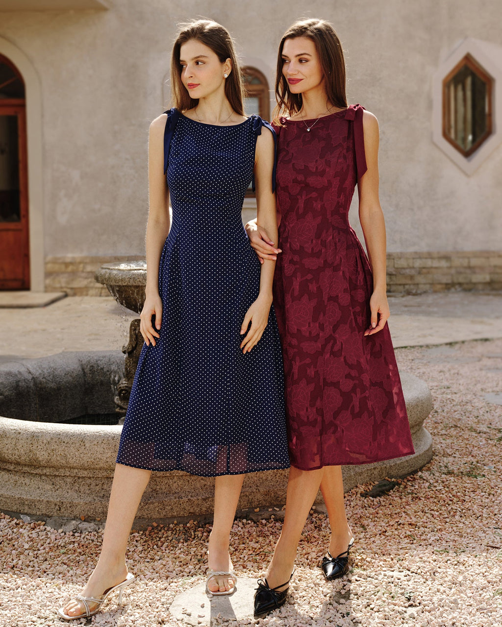 Crimson Jacquard Chiffon Midi Dress