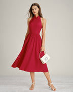 Red Midi Dress with Mandarin Collar and Pockets