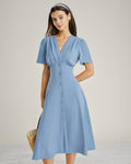 Ruched Blue Midi Dress with V-Neck and Button Details