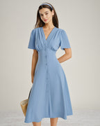 Ruched Blue Midi Dress with V-Neck and Button Details