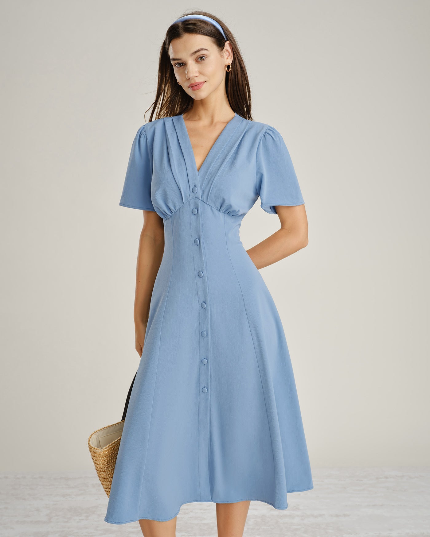 Ruched Blue Midi Dress with V-Neck and Button Details