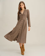 Brown Midi Dress with A-Line Pleats