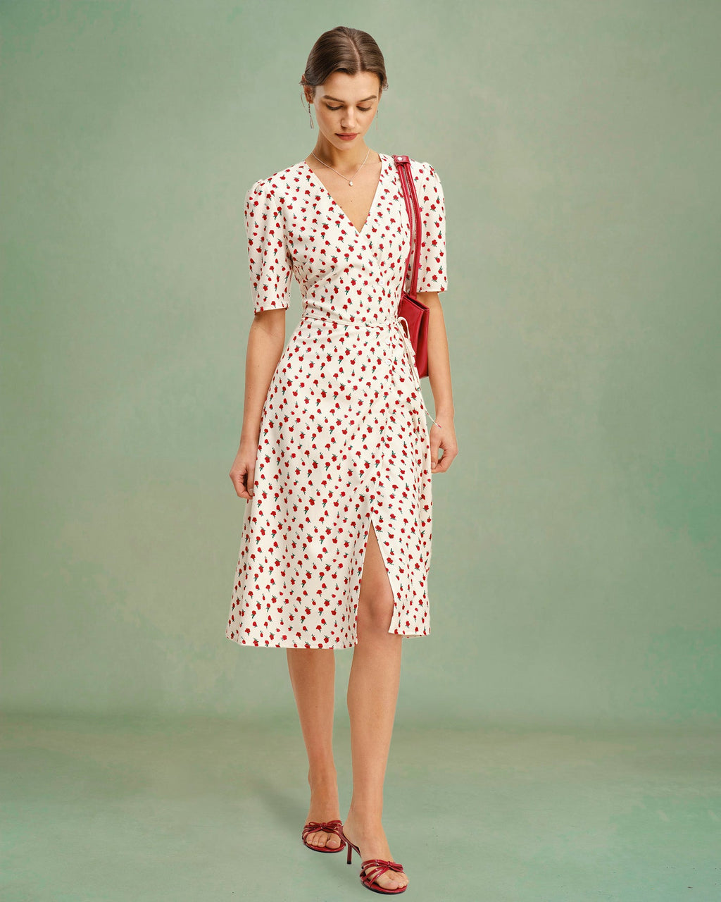 V-Neck Midi Dress in Apricot Floral Print