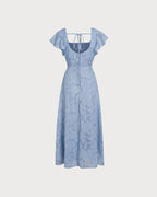 Floral Print Square Neck Midi Dress in Blue