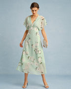 Floral Chiffon Midi Dress in Green with V-Neck
