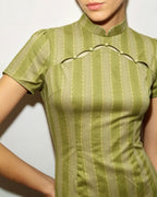 Green Mandarin Collar Midi Dress with Tunic Style