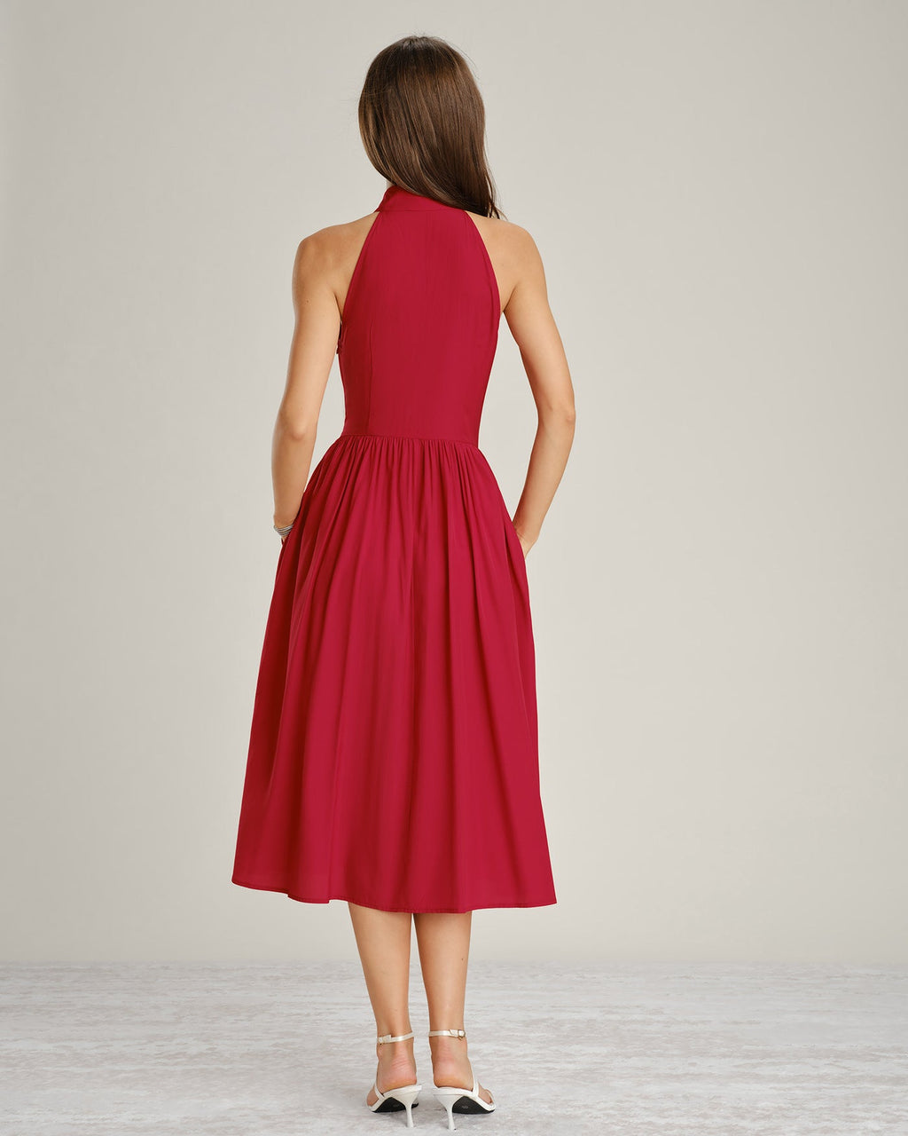 Red Midi Dress with Mandarin Collar and Pockets