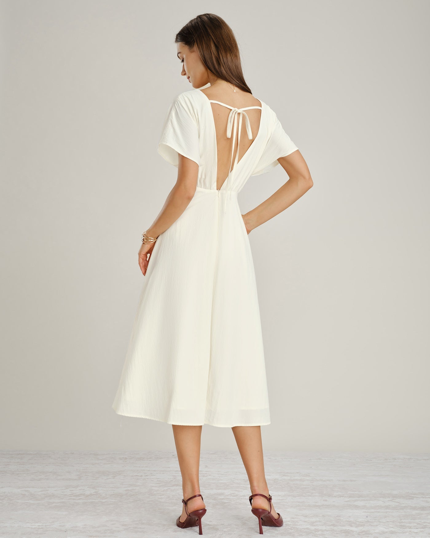 Apricot V-Neck Midi Dress with Cowl Sleeves