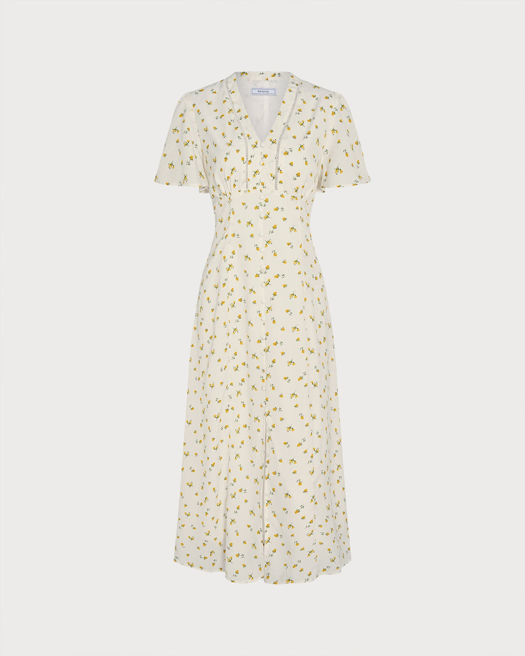 Floral Yellow V-Neck Midi Dress with Slit