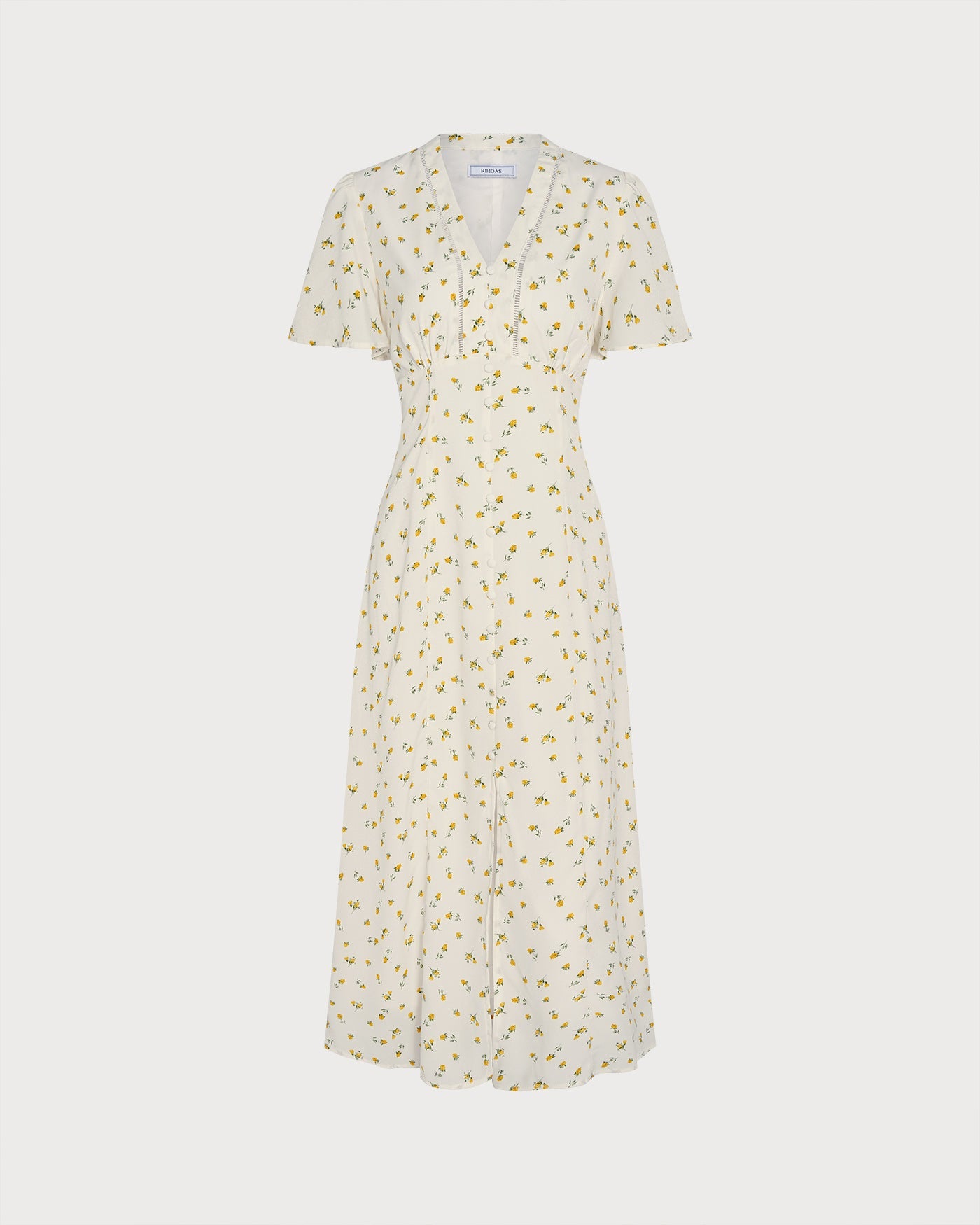 Floral Yellow V-Neck Midi Dress with Slit