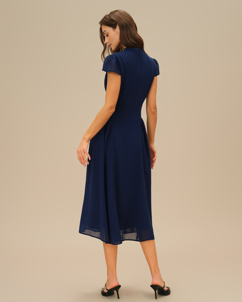 Blue Midi Dress with Puffed Sleeves