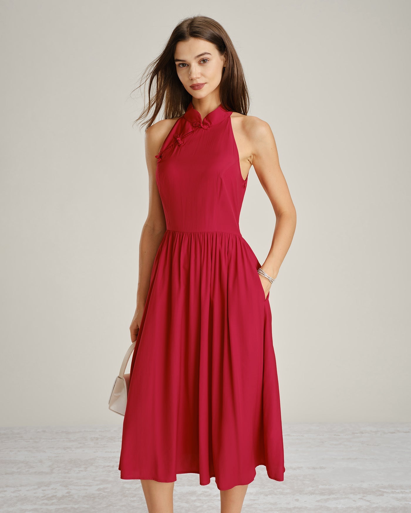 Red Midi Dress with Mandarin Collar and Pockets