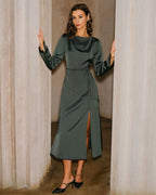 Emerald Satin Cowl Neck Midi Dress with Side Slit