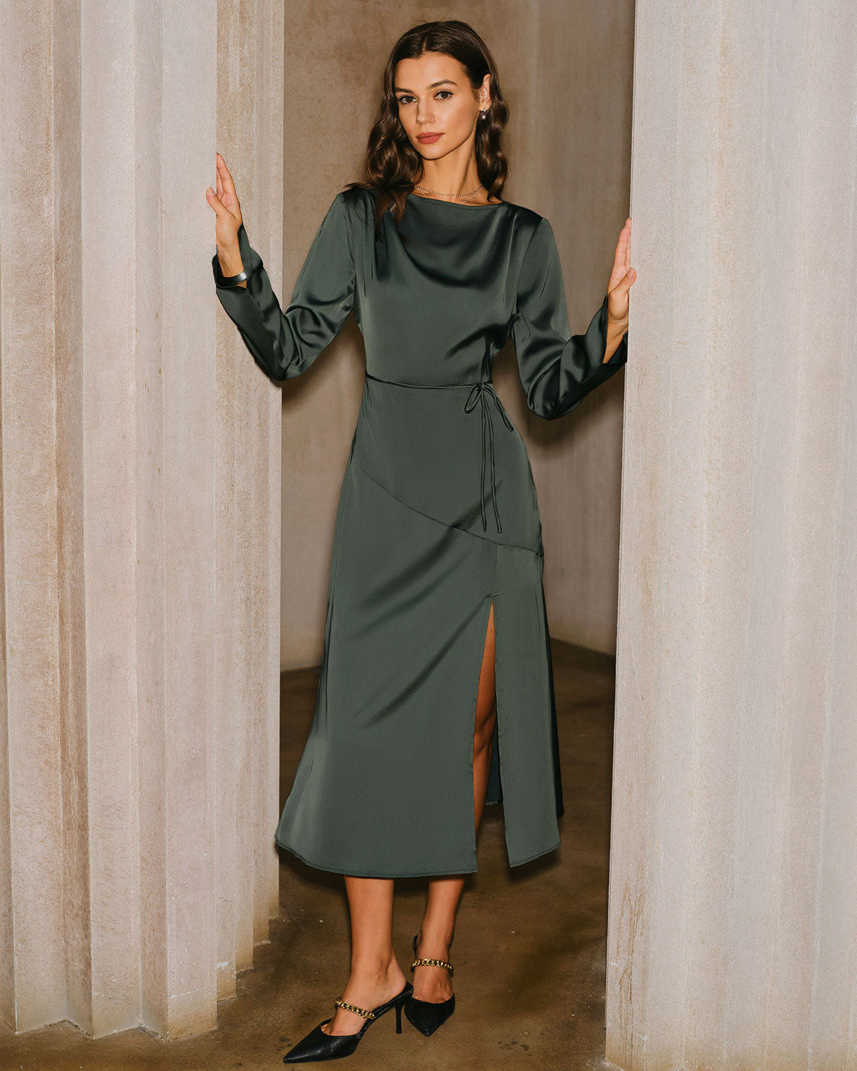 Emerald Satin Cowl Neck Midi Dress with Side Slit