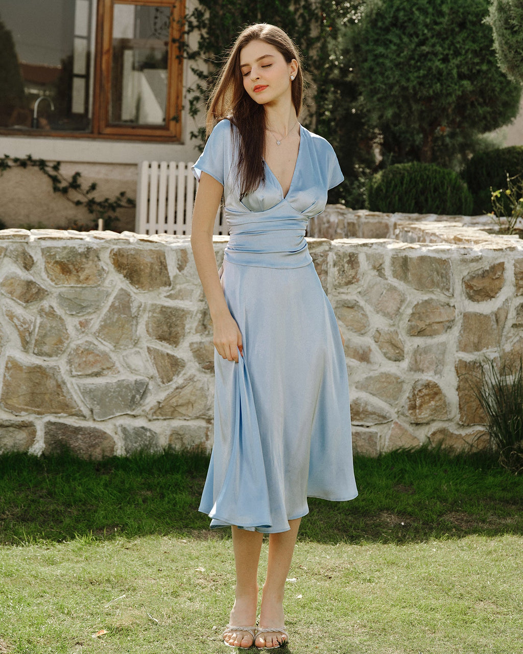 Pleated Midi Dress with Blue Drop Shoulders