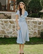 Pleated Midi Dress with Blue Drop Shoulders