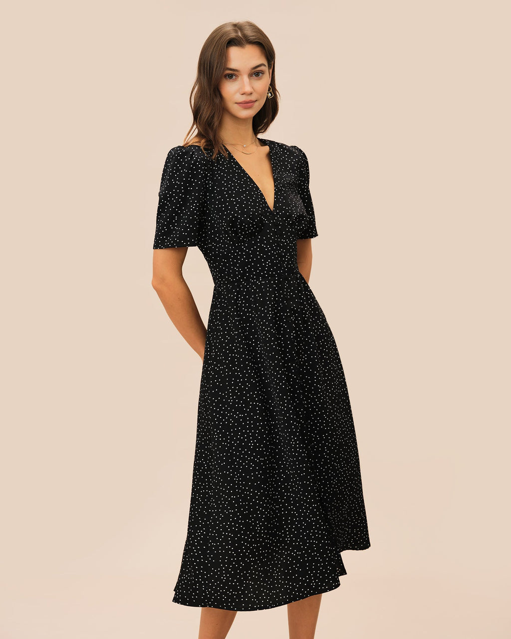 Polka Dot Midi Dress with Black V-Neck