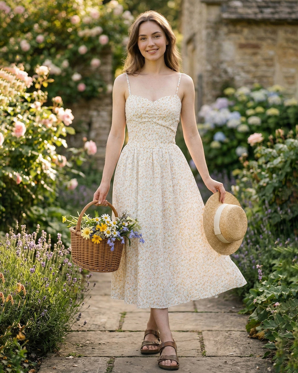 Floral Midi Dress with Sweetheart Neckline in Yellow