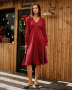 V-Neck Midi Dress in Wine Red Satin