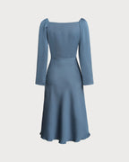 Blue A-Line Midi Dress with Cowl Neck