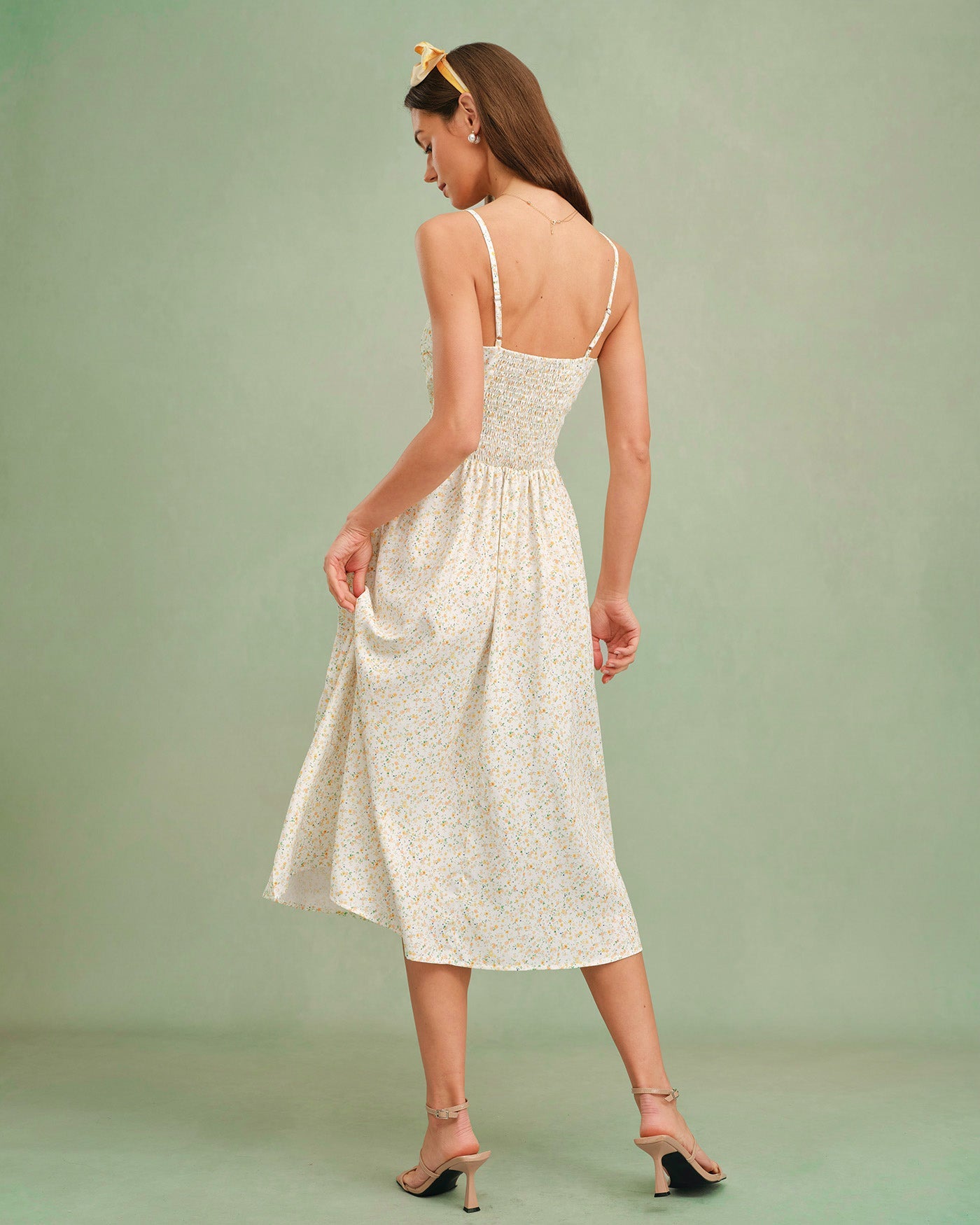 Floral Midi Dress with Sweetheart Neckline in Yellow
